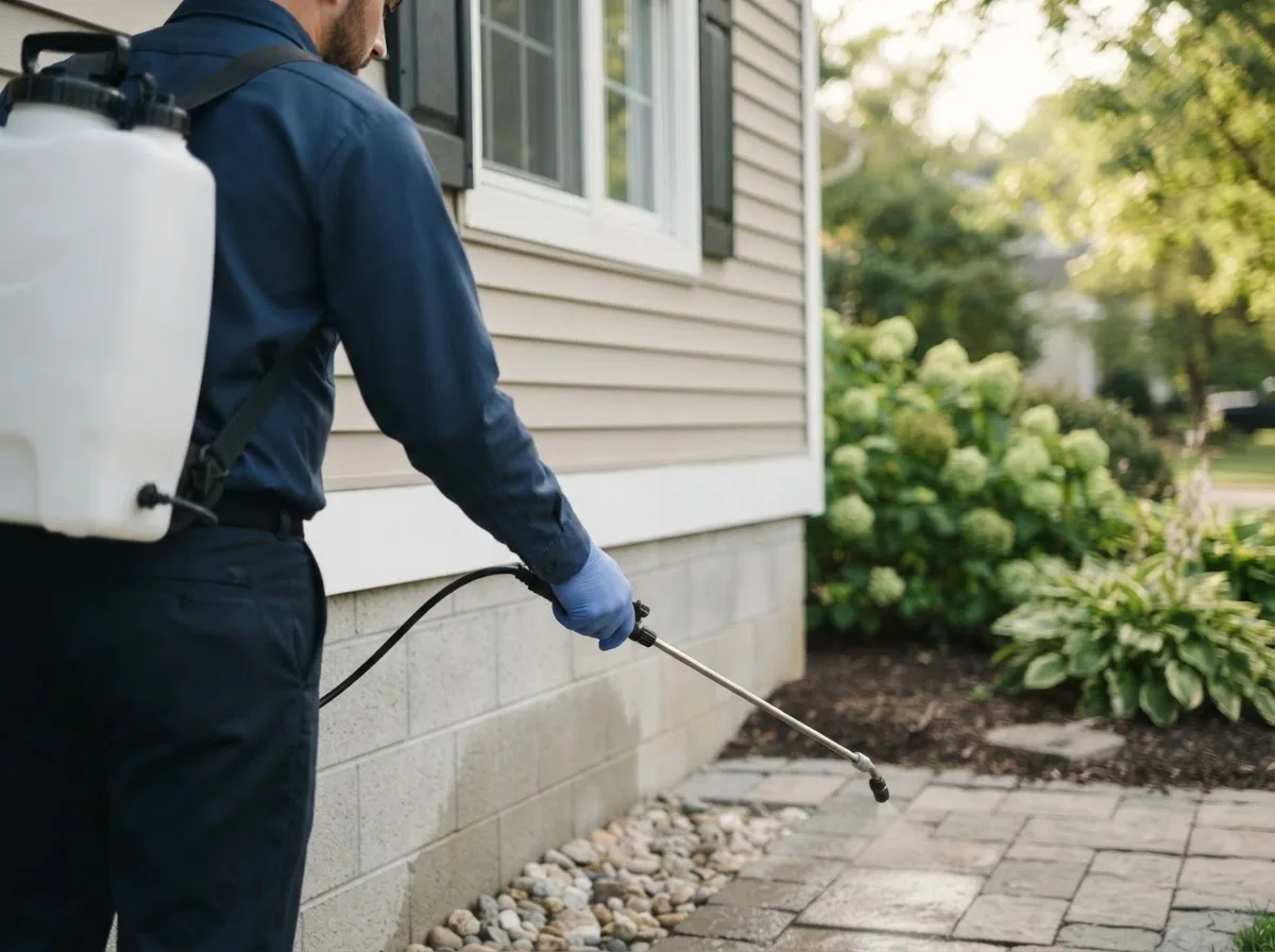 Pest control technician inspecting a home in Eucha, OK